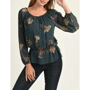 DR 2 Daniel Rainn M green floral garden fairy sheer long sleeve peplum blouse